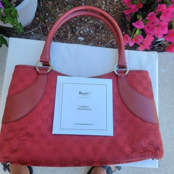 Gucci Jacquard Tote-Red Canvas-Monogrammed Canvas-Red Leather-Ruthenium - Picture 2 of 6